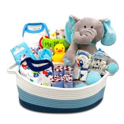 Nikki's Gift Baskets Bundle of Joy Deluxe New Baby Gift Basket | Newborn Baby Boy Gift Set with Baby Essentials | Baby Gift Basket for Expecting Moms | Baby Layette Set | Blue Baby Gift Set | Nikki's Gift Baskets
