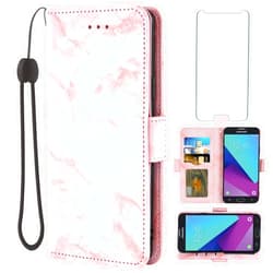 Asuwish Compatible with Samsung Galaxy J3 Luna Pro J 3 Prime 2017 Emerge 3J Eclipse Mission Case and Tempered Glass Screen Protector Cell Card Holder Slot Marble Phone Covers for Glaxay S327VL Pink