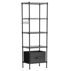 HOOBRO 5-Tier Storage Rack, Wire Shelving Unit with Adjustable Shelves, Standing Metal Shelf with Removable Drawer and 5 Hooks for Bathroom, Living Room, Bedroom, Kitchen, Black BK25CJ01