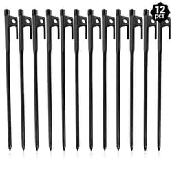 Csdtylh 12 Pack Tent Stakes Heavy Duty, Metal Tent Stakes, Black Camping Stakes, Steel Tent Spikes, Canopy Stakes, Tent Pegs for Car Camping, Yard Decoration, Tarp, Shade Tent, Picnic