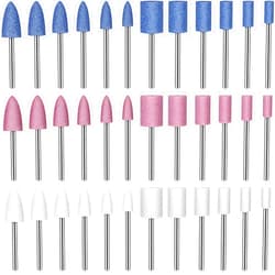 Maitys 36 Pieces Shank Abrasive Mounted Stone Grinding Wheel Head Mounted Points Abrasive Stone Heads Set Grinding Wheel Bits with Plastic Box for Rotary Tool 1/8 Inch Shank 3 Colors 2 Shapes 6 Sizes