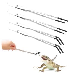 Olutacot 4 Pcs Extra Long Stainless Steel Reptile Feeding Tongs Rubber Tip Bearded Dragon Aquarium Straight and Curved Long Tweezers Terrarium Feeder Tool for Tank Pet Supplies(Silver, 10.5 Inch, 10.63 Inch)
