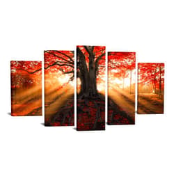 iKNOW FOTO 5 Panels Large Tree Canvas Wall Art Autumn Forest Picture Tee of Life Art Prints on Canvas Nature Landscape Sunset Painting Modern Giclee Artwork for Home Decoration