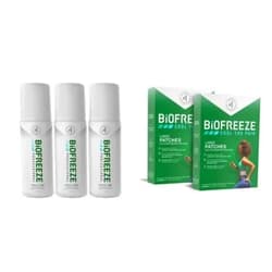 Biofreeze Professional Pain Relief Roll-On, 3 oz. Bottle, Green, Pack of 3 & Pain Relief Patch, Large, 10 Patches