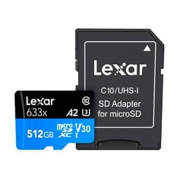 Lexar High-Performance 633x 512GB microSDXC UHS-I Card w/ SD Adapter, C10, U3, V30, A2, Full-HD & 4K Video, Up To 100MB/s Read, for Smartphones, Tablets, and Action Cameras (LSDMI512BBNL633A)