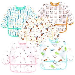 PandaEar 5 Pack Long Sleeve Bibs for Babies 6-24 Months, Lightweight Waterproof Toddler Smock for Eating & Messy Art, Washable Weaning Bibs with Stay-Open Pocket, Breathable & Travel-Friendly
