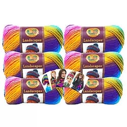 Lion Brand Landscapes Yarn - 6 Pack with Pattern Cards in Color Boardwalk [545-201] Self striping in bright shades of blue, green, brown, yellow, orange, fuchsia, and purple