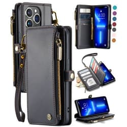 Defencase iPhone 13 Pro Max Case, Elegant Black, RFID Blocking Wallet for Women Men with Card Holder, Zipper, Magnetic Flip, PU Leather, Compatible with Wireless Charging & Kickstand