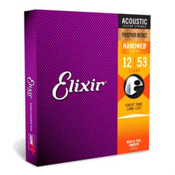 Elixir Strings, Acoustic Guitar Strings, Phosphor Bronze with NANOWEB Coating, Longest-Lasting Rich and Full Tone with Comfortable Feel, 6 String Set, Light 12-53