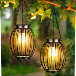 VerRon Solar Lantern, Solar Lights for Outside, Waterproof Outdoor Hanging Lanterns, Metal Solar Powered Tree Lights with Hook, Garden Christmas Decor Lighting for Patio Porch Pathway, Bulbs Include, 2 Pack