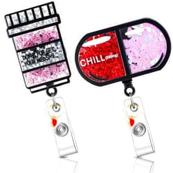 Epakh 2 Pcs Nurse Shaker Badge Holder Pharmacy Badge Reel Cute Retractable Badge Reel Glitter Nursing ID Badge Holder Pill Bottle Chill Pill with Alligator Clip and Retractable Cord for Nurse Doctor