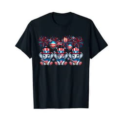 Wild Animal 4th Of July Costume Three Cute Elephants Costume 4th July Proud Flag Fireworks T-Shirt