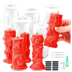 Dacies Pillar Candle Mold for Candle Making Wax Molds 5 pcs Wave Cylinder Candles Silicone Mould Set with Label, Wick, Hand Drill, DIY Xmas Gift 3D Unique Embossed Candles Gypsum Ornaments Moulds Home Decor