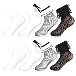 Geyoga 4 Pairs Halloween Lace Ruffle Frilly Ankle Socks Women Mesh Lace Loose Socks Fishnet Socks Ankle Dress Socks No Show Socks for Ladies Princess