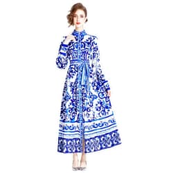 LAI MENG FIVE CATS Women's Floral Print Long Lantern Sleeve Button Up Loose Casual Maxi Dress