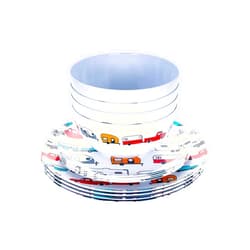 Camco Life is Better at The Campsite Dishware Set | Includes (4) Large Dinner Plates, (4) Small Salad Plates and (4) Bowls | Top Rack Dishwasher Safe | Multi-Color RV and Truck Design (53295)