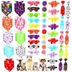 Hosuly 50 Pcs Dog Bandana Collar Set Bone Paw Pattern Include 10 Dog Bow Ties 10 Neckties Collar 10 Pet Scarf 10 Dog Bows Flowers 10 Hexagonal Bowties Cat Dog Grooming Accessories for Groomer Pet Shop