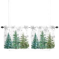 Jolunifun Christmas Tree Kitchen Curtain 36 Inch Length Small Short Cafe Tiers Curtains Drape, 2 Panel Window Treatment Rod Pocket Drapery Panels Curtains, Froest Winter Pine Tree Snowflake 55x36