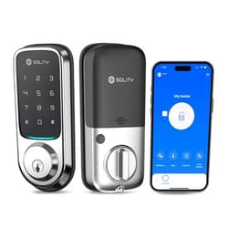 Solity No-Hub Smart Digital Door Lock, Designed in Korea, Keyless Entry, Wi-Fi, Remote Control, Touchscreen Keypad, Auto Lock, IP54 Waterproof, Satin Nickel GT10K