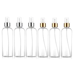 HIPIHOM 6Pcs Clear Fine Mist Spray Bottles with Gold and Silver Trim Atomizers Dust Caps, BPA Free PET Plastic Empty Travel Containers for Aromatherapy, Facial Spray, Hair Styling, 3.4oz/100ml