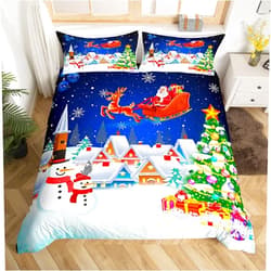 Manfei Christmas Duvet Cover Set Queen Size, Snowman Xmas Tree Print Comforter Cover Santa Claus with Reindeer Bedding Set 3pcs for Kids Girls New Year Theme Bedspread Cover,2 Pillowcases,No Comforter