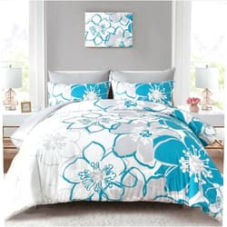 Anibedding Teal Floral Comforter Set Queen Size 7 Piece, Teal Blue Flower Bed in a Bag, Elegant Botanical Floral Comforter Soft Microfiber Complete Bedding Set for All Season, (Teal, 90