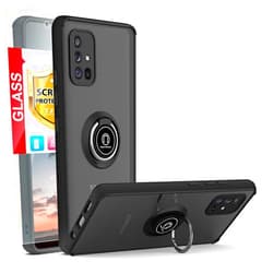 TJS Compatible with Samsung Galaxy A71 5G Case, with Tempered Glass Screen Protector, Metal Ring Magnetic Support Kickstand Heavy Duty Drop Protector Phone Case (Black)