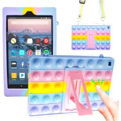 IZi Way Pop It Tablet Case for Amazon Fire HD 8 (8th & 7th Gen, 2018/2017 Release), Fidget Toy Popit Puppet Push Bubble Wrap Cute Silicone Cover with Stand Lanyard for Kids Girls Boys- Rainbow