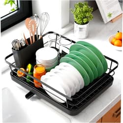 Kitsure Dish Drying Rack- Space-Saving Dish Rack, Dish Racks for Kitchen Counter, Stainless Steel Kitchen Drying Rack with a Cutlery Holder, 12''W x 15''L, Black