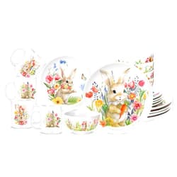 Zhehao 16 Pcs Easter Bunny Dinnerware Set Ceramics Rabbit Floral Dishware Include 10 Inch Dinner Plate 7 Inch Salad Plate 5