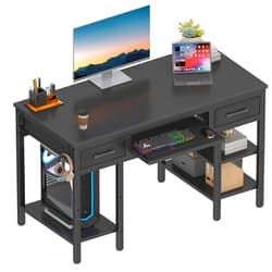 Lufeiya Desk with Keyboard Tray Slide Out, 47 Inch Home Office Computer Desks with Fabric Drawers & Storage Shelves, Modern Simple Study Writing Gaming Table for Bedroom, Black