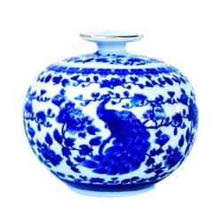 Goodman and Wife Beautiful Blue and White Porcelain Decorative Floral Container or Jar. Globe Shaped Peacock on Branches