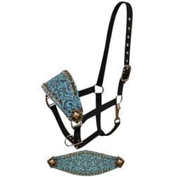 Showman Bronc Halter w/Teal Filigree Print Leather Noseband