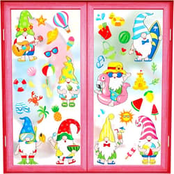 Outus 8 Sheets Summer Window Clings Gnome Stickers Beach Watermelon Lemon Tropical Static Window Clings Flip Flops Window Decal for Wall Glass Car Summer Party Birthday Decoration