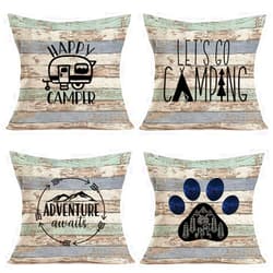 Tlovudori 4Pcs Vintage Rustic Wood Happy Camper Decorative Throw Pillow Cushion Case Cover Cotton Linen Adventure Awaits with Dog Paw Prints Pillow Covers Home Pillowcase 18