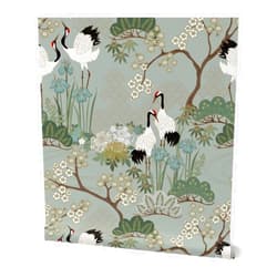 Spoonflower Peel & Stick Wallpaper Swatch - Japanese Garden Florals Birds Cranes Asian Sage Cherry Blossom Custom Removable Wallpaper