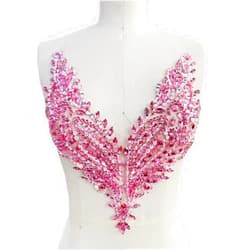 SimBae Pure Handmade Rhinestones Beads Applique sew on Crystal Sequins lace Trim Patches Accessories for Dress Clothing Neckline Shiny Bead Decorative Material 13.7X9.4inches (Pink)
