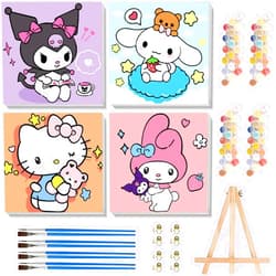 Sretoul 4 Pack Cartoon Paint by Numbers Kit for Kids with Frame - Wooden Easel, Cute Kids Paint by Numbers Ages 4 8 12, DIY Acrylic Oil Painting for Home Wall Decor (8x8 inch)