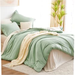 CozyLux Sage Green Comforter Set Queen 7 Pieces Queen Bedding Set Contrasting Design with Comforter, Flat Sheets, Fitted Sheet, Pillowcases & Shams, Boho Bed in a Bag Queen for All Season