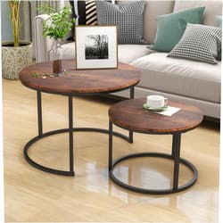 HOJINLINERO Industrial Round Coffee Table Set of 2 End Table for Living Room,Stacking Side Tables, Sturdy and Easy Assembly,Wood Look Accent Furniture with Metal Frame,Black+Rustic Brown