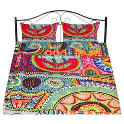 Sophia-Art Bohemian Hand Block Ajrak Vintage Print Bedspread Kantha Bed Cover, Sofa Cover Hand Stitch Throw Quilt (Multi Print, King 90 * 108 Inches with Sham Cover)