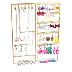 Vtopmart Jewelry Holder Organizer Stand Tree for Earring Necklace Ring Bracelets Display and Storage, with 90 Holes, 12 Hooks, Gold+White