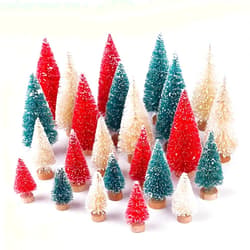LOYUDEQIU 24Pcs Mini Christmas Tree Decor, Artificial Christmas Tree 4 Sizes,Mini Sisal Snow Frost Trees with Wooden Base for Christmas Decor Christmas Table Home Party Craft Decorations(red/Blue/Beige 24pcs)