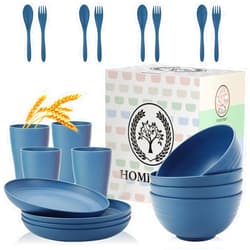 Homienly Wheat Straw Dinnerware Sets, Homienly 20pcs Unbreakable Microwave Dishwasher Safe Tableware Lightweight Bowls, Cups, Plates Set Reusable Dinner Plates Bowls set (Blue)