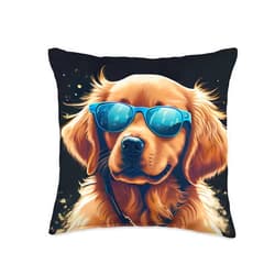 Funny and Cute Dog Lover Unique Digital Art Cute Adorable Golden Retriever Puppy Sunglasses Digital Art Throw Pillow, 16x16, Multicolor