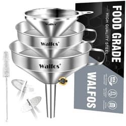 Walfos Stainless Steel Funnel, Walfos 3 Different Sizes of Kitchen funnels with 2 Removable Strainer ＆ 1Pcs Cleaning Brush, for Transferring of Liquid, Oils, Jam, Powder