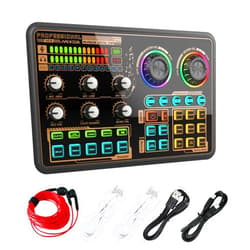 Hosabely Sound Board for Beginners, Audio Mixer with Voice Changer, LED Lights, External Sound Card with Earphone for Phone, Mic, Karaoke, Streaming, Recording, Gaming, Podcasting