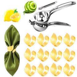 MONKKINO Lemon Squeezer with Zester + Napkin Rings Set of 12, Metal Handheld Lemon Juicer, Shiny Metal Leaf Napkin Rings,Table Decor for Cloth Napkins
