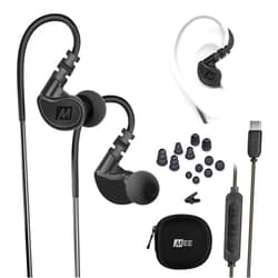 MEE audio M6 Sport USB-C Wired Earbuds with Memory Wire Earhooks, Headset with Mic & 3-Button Remote for iPhone 15, iPad, other USB Type C Devices; in Ear Headphones for Running/Gym/Workouts, Black