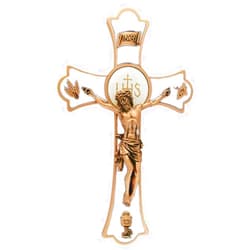 Holy Mass Crucifix Jeweled Cross First Communion Holy Mass Crucifix with Chalice Wall Cross, 8-inches Height, Gold Tone and White, Epoxy